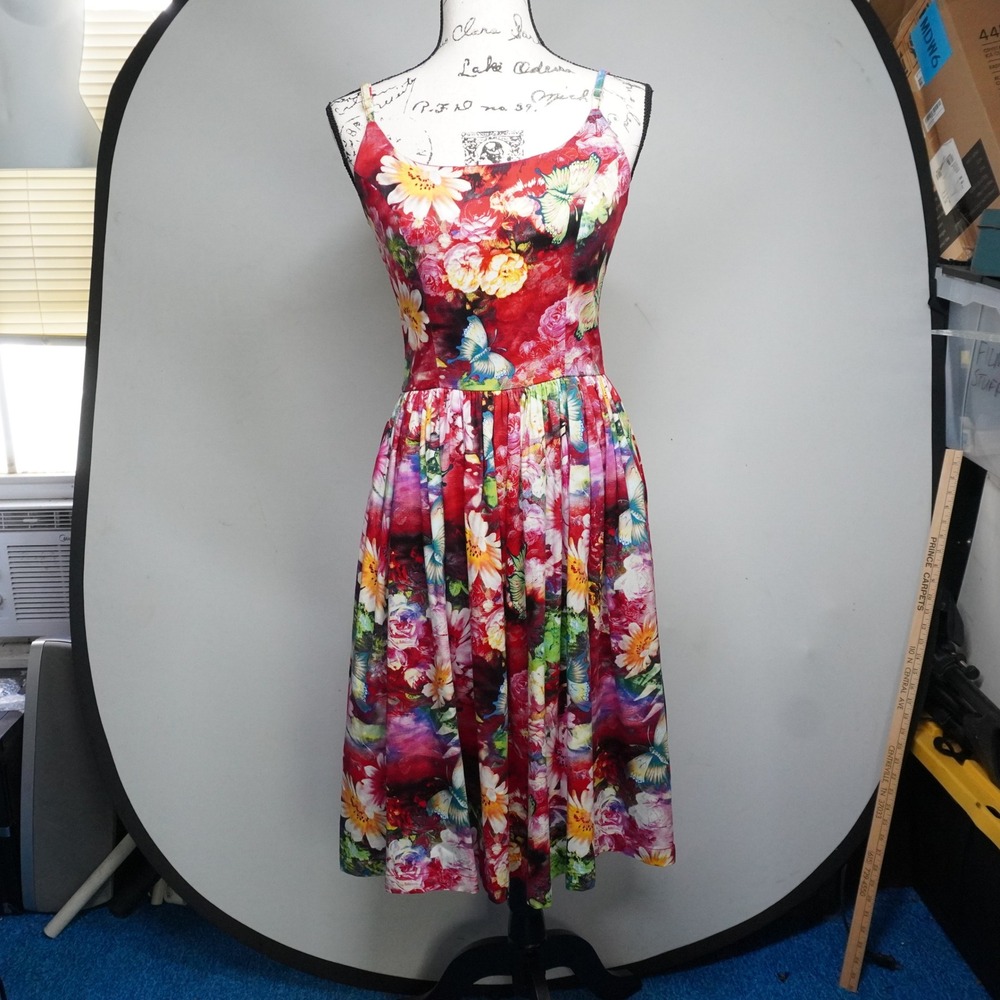 Tatyana XS Red Floral Butterfly Print Rockabilly Pinup Midi Dress Basque Waist